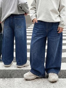 SHEIN Little Byeori Kids Boys' Black Denim Loose Fit Long Pants - Dark Wash - View 1