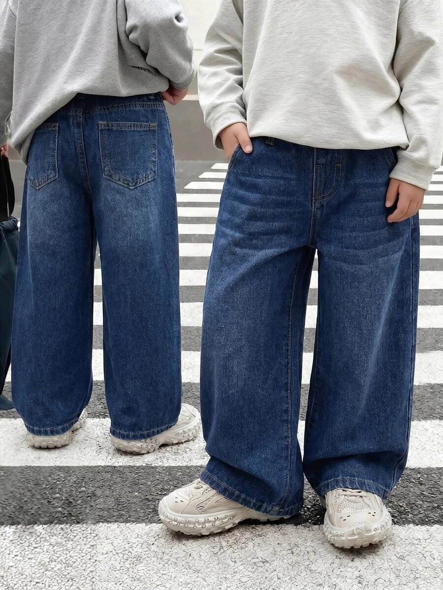 SHEIN Little Byeori Kids Boys' Black Denim Loose Fit Long Pants - Dark Wash - View 1