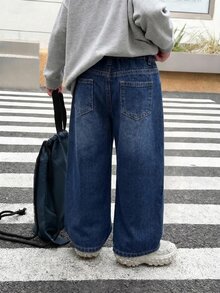 SHEIN Little Byeori Kids Boys' Black Denim Loose Fit Long Pants - Dark Wash - View 2
