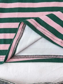 SHEIN 兒童青少年女孩粉綠條紋V領長袖T恤，萬聖節、龐克、Y2K風格、街頭風、復古、返校季 - 彩色 - 查看 5