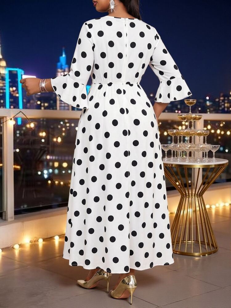 SHEIN Lady Plus Size French Polka Dot Print Ruffle Cuff Dress Cocktail Evening Autumn Formal Elegant 90s 90s Wedding Dinner Evening White Wedding Fall - Black and White - View 2