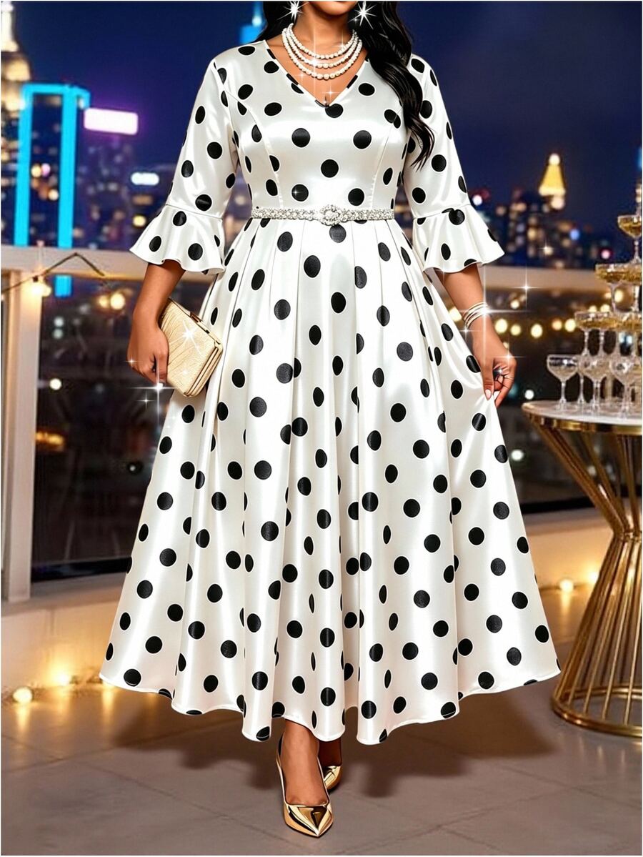 SHEIN Lady Plus Size French Polka Dot Print Ruffle Cuff Dress Cocktail Evening Autumn Formal Elegant 90s 90s Wedding Dinner Evening White Wedding Fall
