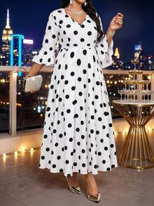 SHEIN Lady Plus Size French Polka Dot Print Ruffle Cuff Dress Cocktail Evening Autumn Formal Elegant 90s 90s Wedding Dinner Evening White Wedding Fall - Black and White - View 7