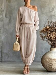 SHEIN 2026 New Beige Vertical Striped Bubble Textured 2 Pieces Set Women's Outfit Asymmetrical Shoulder Loose Long Sleeve Cinched Waist Top Lantern Pants Set - Multicolor - View 1
