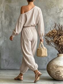 SHEIN 2026 New Beige Vertical Striped Bubble Textured 2 Pieces Set Women's Outfit Asymmetrical Shoulder Loose Long Sleeve Cinched Waist Top Lantern Pants Set - Multicolor - View 2