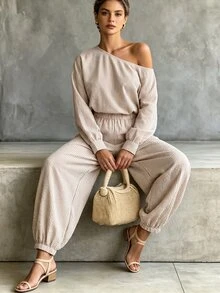 SHEIN 2026 New Beige Vertical Striped Bubble Textured 2 Pieces Set Women's Outfit Asymmetrical Shoulder Loose Long Sleeve Cinched Waist Top Lantern Pants Set - Multicolor - View 4