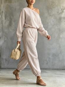 SHEIN 2026 New Beige Vertical Striped Bubble Textured 2 Pieces Set Women's Outfit Asymmetrical Shoulder Loose Long Sleeve Cinched Waist Top Lantern Pants Set - Multicolor - View 3