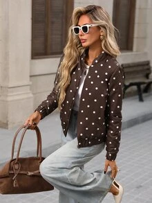 Brillora 女款棕色與白色波點長袖拉鍊休閒 70 年代復古常規夾克，波希米亞風，秋季日常穿搭，輕便百搭 - 棕色 - 查看 4