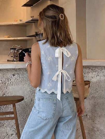Serisse Blusa sin mangas con nudo en la espalda bordada para vacaciones de mujer