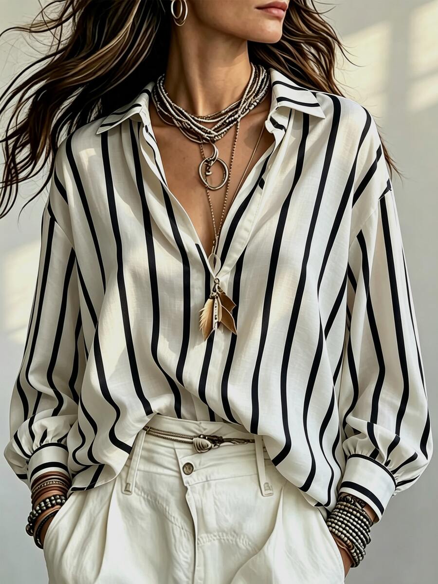 SHEIN Fashionable French Design Loose Collared Women's Blue And White Striped Long Sleeve Shirt, Spring/Summer, Vacation - Blue and White - View 1