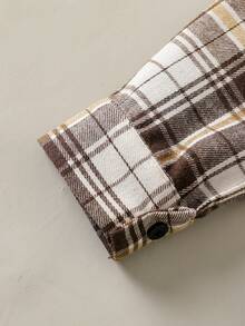 SHEIN Genkimix Kids Boys Plaid Pattern Hooded Shacket, Spring/Autumn - Khaki - View 6