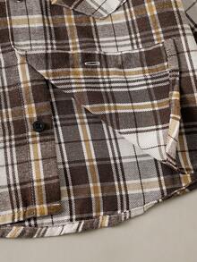 SHEIN Genkimix Kids Boys Plaid Pattern Hooded Shacket, Spring/Autumn - Khaki - View 7