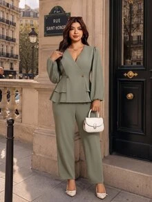Elaquor Plus Size Solid Surplice Neck Lantern Sleeve Peplum Top Pants Set Elegant Office Formal Work Set For Women Autumn Casual Daily Going Out Olive Green - Green - View 4