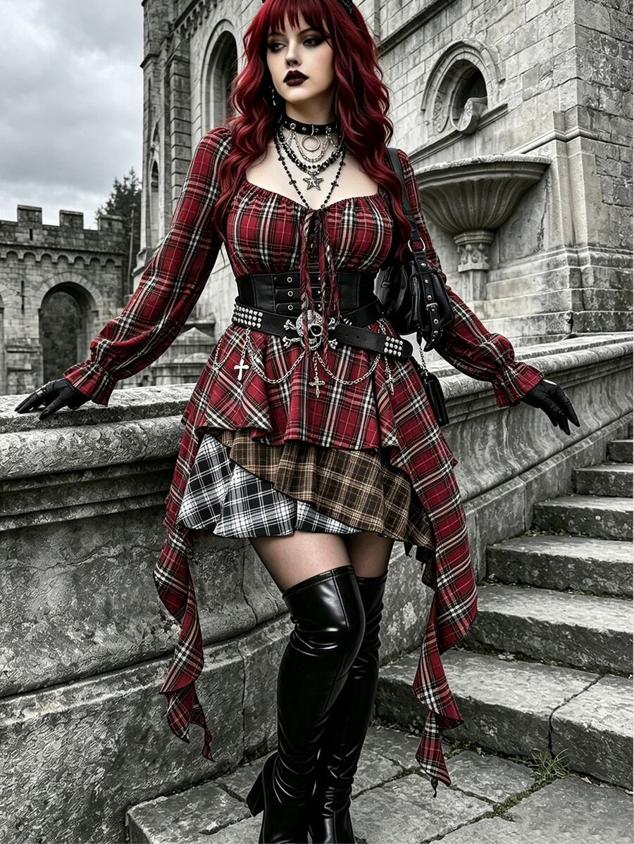 Sunspun Gaun Patchwork Lengan Panjang Berkerah Persegi Motif Kotak-kotak Merah Vintage Baru Musim Panas Gaya Y2K dengan Hem Berumbai Asimetris untuk Wanita, Gaya Punk, Halloween, Musim Gugur - MultiWarna - View 1