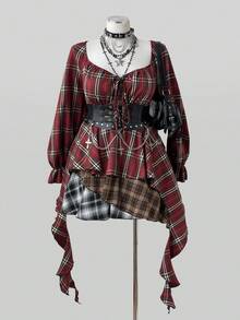Sunspun Gaun Patchwork Lengan Panjang Berkerah Persegi Motif Kotak-kotak Merah Vintage Baru Musim Panas Gaya Y2K dengan Hem Berumbai Asimetris untuk Wanita, Gaya Punk, Halloween, Musim Gugur - MultiWarna - View 5