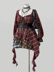 Sunspun Gaun Patchwork Lengan Panjang Berkerah Persegi Motif Kotak-kotak Merah Vintage Baru Musim Panas Gaya Y2K dengan Hem Berumbai Asimetris untuk Wanita, Gaya Punk, Halloween, Musim Gugur - MultiWarna - View 4