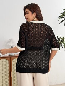 Lacomfia Plus Size Women's Colorblock Casual Everyday Knit Top - Black and White - View 2