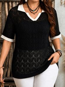 Lacomfia Plus Size Women's Colorblock Casual Everyday Knit Top - Black and White - View 1
