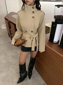 Aloruh 卡其色收腰短款風衣女款，適合秋冬穿著 - 卡其色 - 查看 11