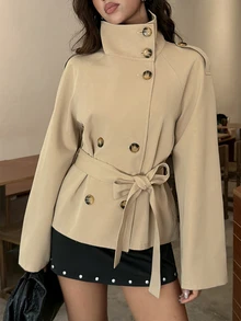 Aloruh 卡其色收腰短款風衣女款，適合秋冬穿著 - 卡其色 - 查看 8