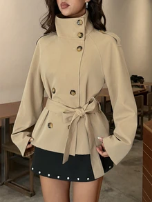Aloruh 卡其色收腰短款風衣女款，適合秋冬穿著 - 卡其色 - 查看 4