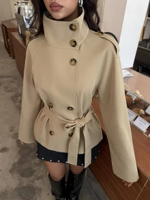Aloruh 卡其色收腰短款風衣女款，適合秋冬穿著 - 卡其色 - 查看 9