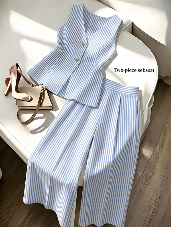 SHEIN Franclia Set casual versatile da pendolare a righe blu e bianche da donna, set da donna a due pezzi blu, set casual a righe in cotone estivo, canotta da donna a righe blu con scollo a V senza maniche, top da donna e set di pantaloni a gamba larga a righe, estate, primavera, autunno, set per tutte le stagioni, nuovo stile, set casual senza maniche, pendolarismo casual quotidiano, vacanza