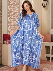 Jahmira Porcelain Style Blue Leaf Fruit Flower Print Elegant Islamic Style Maxi Dress - Blue - View 1