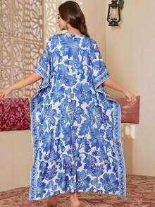 Jahmira Porcelain Style Blue Leaf Fruit Flower Print Elegant Islamic Style Maxi Dress - Blue - View 2
