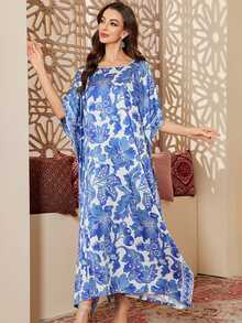 Jahmira Porcelain Style Blue Leaf Fruit Flower Print Elegant Islamic Style Maxi Dress - Blue - View 4