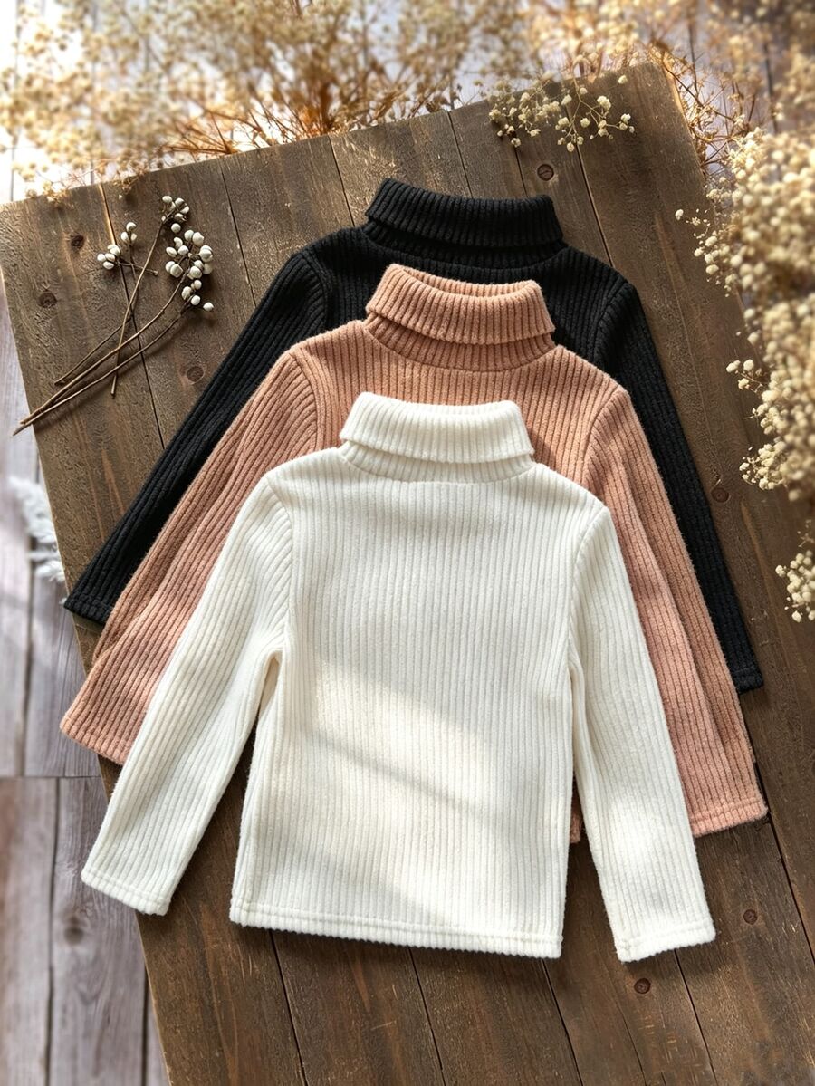 SHEIN 3pcs/Set Girls Toddler Simple Daily Fleece Ribbed High Neck Long Sleeve T-Shirt Black White Brown Combination Pack Autumn Winter Inner Layer - Multicolor - View 1