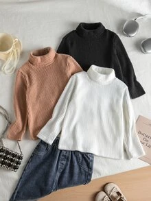SHEIN 3件組女童幼兒簡約日常抓絨羅紋高領長袖T恤，黑白棕組合包，秋冬內搭層 - 彩色 - 查看 3