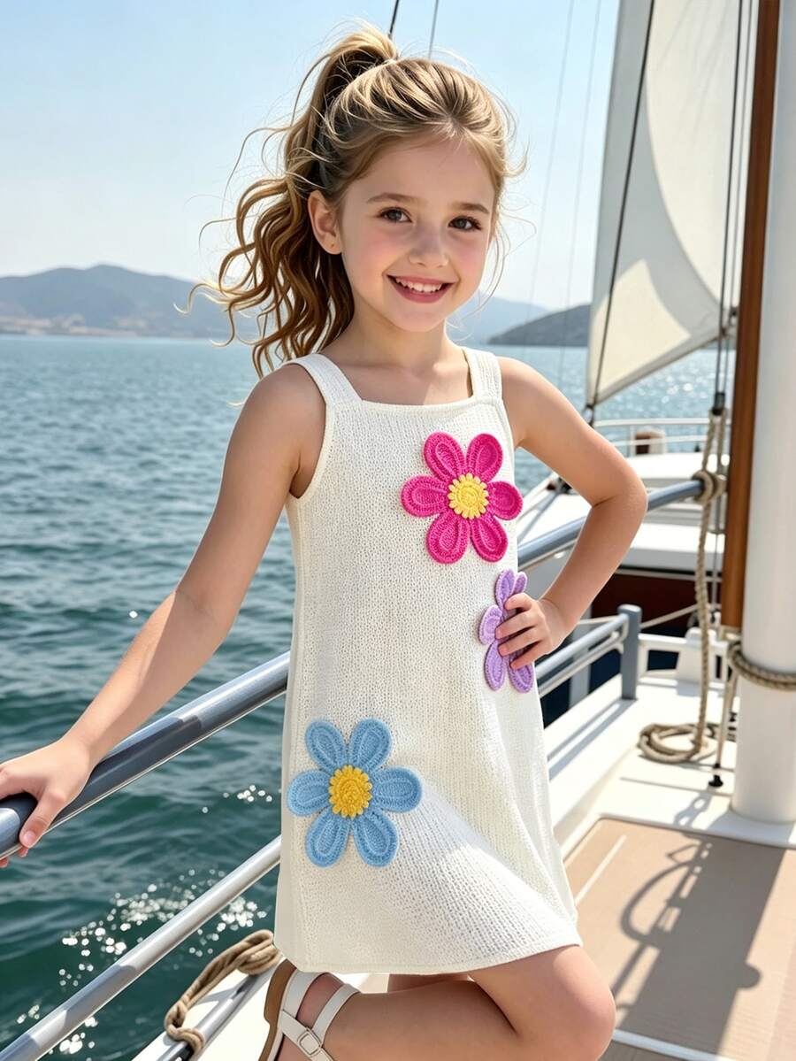 SHEIN Genkimix Kids 女童休闲钩针花卉刺绣无袖镂空针织夏装,适合海滩度假休闲装 - 彩色 - 查看 1