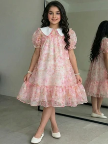 SHEIN 青少年女孩寬鬆可愛翻領花卉歐根紗短袖A字洋裝 - 彩色 - 查看 3