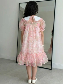 SHEIN 青少年女孩寬鬆可愛翻領花卉歐根紗短袖A字洋裝 - 彩色 - 查看 2