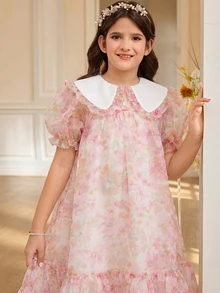 SHEIN 青少年女孩寬鬆可愛翻領花卉歐根紗短袖A字洋裝 - 彩色 - 查看 4