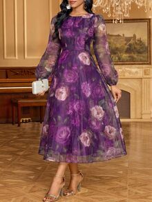 SHEIN Lady Women's Elegant Party Dinner Floral Print Lantern Sleeve Midi Dress Plum Purple Autumn - Purple - View 4
