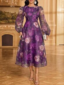SHEIN Lady Women's Elegant Party Dinner Floral Print Lantern Sleeve Midi Dress Plum Purple Autumn - Purple - View 6