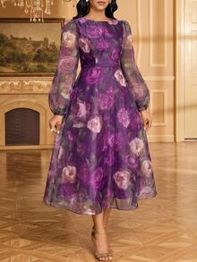 SHEIN Lady Women's Elegant Party Dinner Floral Print Lantern Sleeve Midi Dress Plum Purple Autumn - Purple - View 5