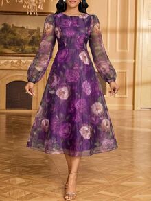 SHEIN Lady Women's Elegant Party Dinner Floral Print Lantern Sleeve Midi Dress Plum Purple Autumn - Purple - View 3