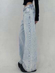 SHEIN 兒童青少年女孩休閒日常牛仔褲，附口袋與鈕扣設計 - 淺色水洗藍 - 查看 3