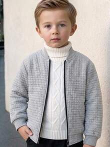 SHEIN Jaket Baseball Anak Laki-Laki Kasual Serbaguna dengan Motif Kotak-kotak Kecil, Cocok untuk Bepergian, Sekolah, Jalan-jalan Santai Sehari-hari, Olahraga, Musim Gugur/Dingin - Light Grey - View 4