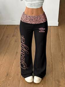 Coolane Casual Minimalist Retro Punk Y2K Versatile Party Airport Outfit, Leopard Print English Cursive Contrast Waistband Print Pattern, Suitable For Spring/Summer Comfortable Women's Wide Waistband Long Pants - Multicolor - View 4
