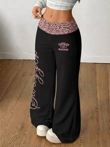Coolane Casual Minimalist Retro Punk Y2K Versatile Party Airport Outfit, Leopard Print English Cursive Contrast Waistband Print Pattern, Suitable For Spring/Summer Comfortable Women's Wide Waistband Long Pants - Multicolor - View 3