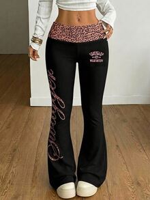Coolane Casual Minimalist Retro Punk Y2K Versatile Party Airport Outfit, Leopard Print English Cursive Contrast Waistband Print Pattern, Suitable For Spring/Summer Comfortable Women's Wide Waistband Long Pants - Multicolor - View 1