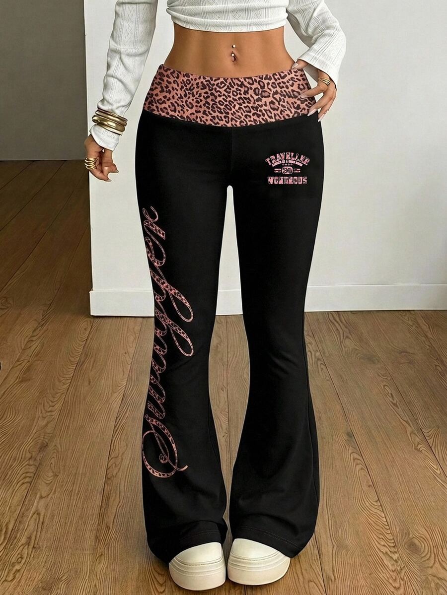 Coolane Casual Minimalist Retro Punk Y2K Versatile Party Airport Outfit, Leopard Print English Cursive Contrast Waistband Print Pattern, Suitable For Spring/Summer Comfortable Women's Wide Waistband Long Pants - Multicolor - View 1
