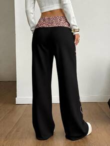 Coolane Casual Minimalist Retro Punk Y2K Versatile Party Airport Outfit, Leopard Print English Cursive Contrast Waistband Print Pattern, Suitable For Spring/Summer Comfortable Women's Wide Waistband Long Pants - Multicolor - View 2