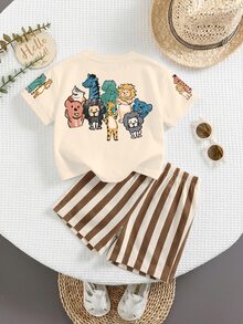Baby Boy Cartoon Graphic Tee & Striped Shorts - Multicolor - View 3