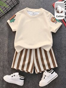Baby Boy Cartoon Graphic Tee & Striped Shorts - Multicolor - View 4