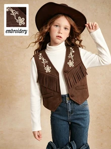 SHEIN Elladie kids 女童波希米亞風流蘇背心外套，棕色鈕扣花卉刺繡麂皮，復古丹寧風，日常穿著、學校、度假適用 - 棕色 - 查看 9